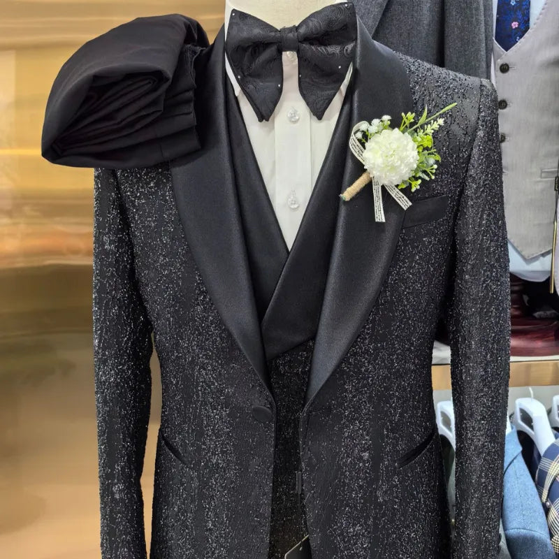 Wedding Suits Men Business Fashion 3 Piece Set 2024 Slim Jacket Dress Blazers Coat Pants Trousers Sequin Single Breasted