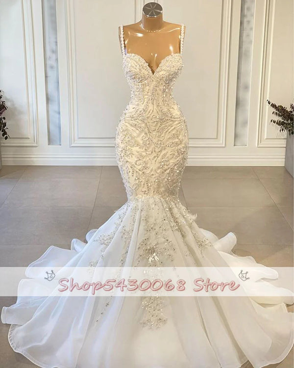 Luxury Mermaid African Women Wedding Dresses Beaded Embroidery Sexy White Vintage Lace Organza Bridal Wedding Gown