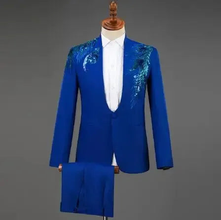 Red Diamond Floral Men Suits for Wedding Mens Suits 3 Piece Blazer+Pant+Bow Tie Fashion Tuxedo Men Suit Set Stage Costume Homme blue