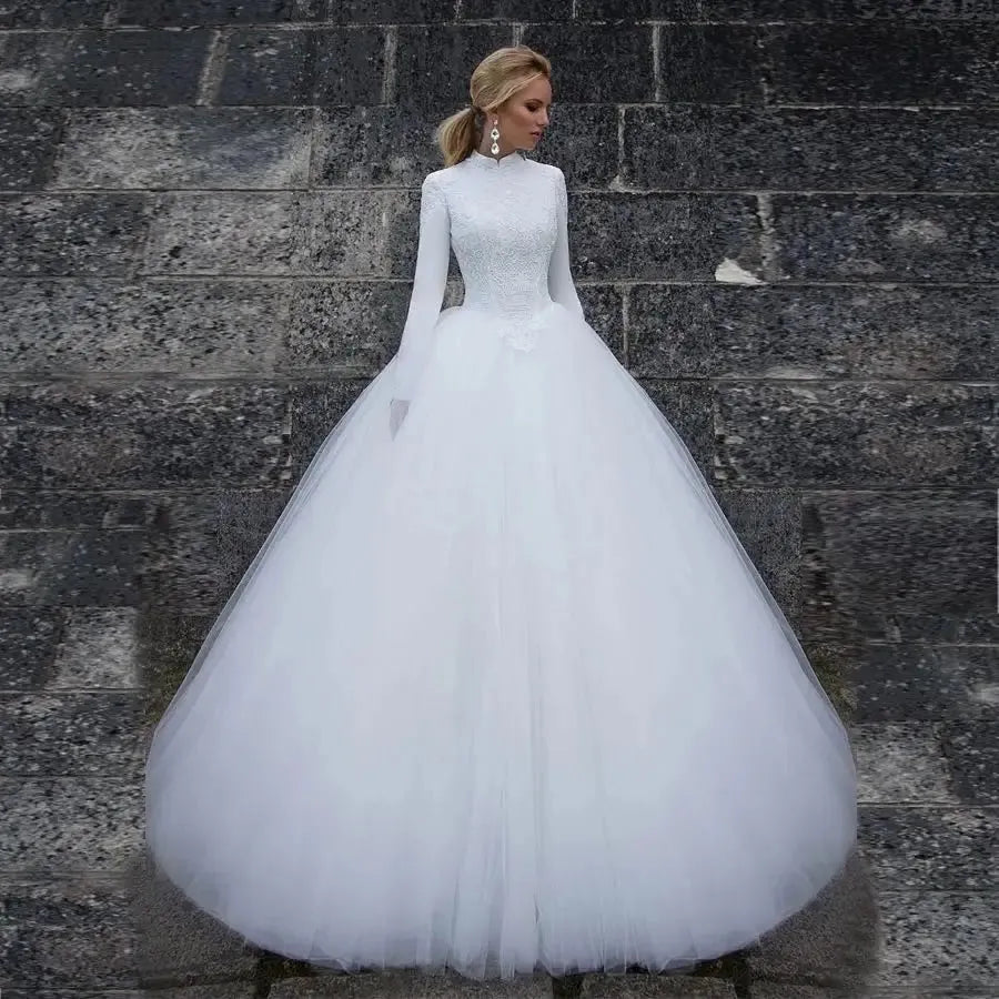 Muslim Wedding Dress High Neck Long Sleeve Ball Gown Lace Tulle Bridal Gowns Floor Length vestido de noiva With Hijab WHITE