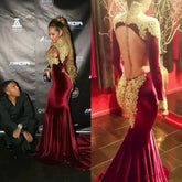 Dubai Kaftan Formal Celebrity Evening Gowns Mermaid Long Sleeve Elegant Burgundy Velvet Gold Appliques Party Prom Dresses