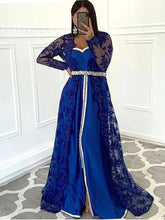 2 Piece Caftan Evening Dresses Lace A Line Arabic Dubai Party Gowns Longo Muslim Prom Gown Plue Size royal Blue