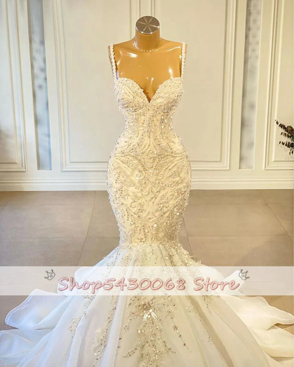 Luxury Mermaid African Women Wedding Dresses Beaded Embroidery Sexy White Vintage Lace Organza Bridal Wedding Gown