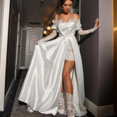 Beautiful Dress Unique 2 Piece Wedding Dress Sheath Short Lace Sheer O-Neck Long Sleeves And A-Line Satin Bridal Dress Vestidos White