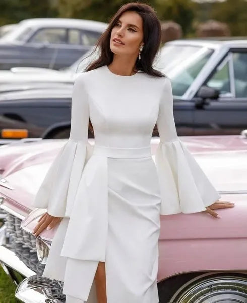 Simple O Neck Full Sleeves Satin Sheath Wedding Dresses Side Slit Pleat Custom Made Bridal Grown Rode Vestido De Noiva Champagne