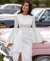 Simple O Neck Full Sleeves Satin Sheath Wedding Dresses Side Slit Pleat Custom Made Bridal Grown Rode Vestido De Noiva Champagne