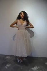 Glitter Midi Wedding Dress Satin Mermaid Princess Bridal Gown Bow Vestido De Novia Simple Court Train Dress