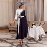 Vintage Contrast Color Navy Mother of the Bride Dresses Mid Calf Mothers Formal Dress 3/4 Sleeves Wedding Guest Gowns Boat Neck