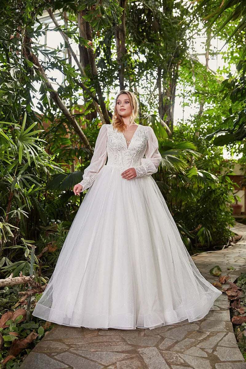 JEHETH Princess Wedding Dress For Woman Long Sleeves V-Neck Lace Up Bride Gowns Tulle A-Line Modern Plus Size vestidos de novia White