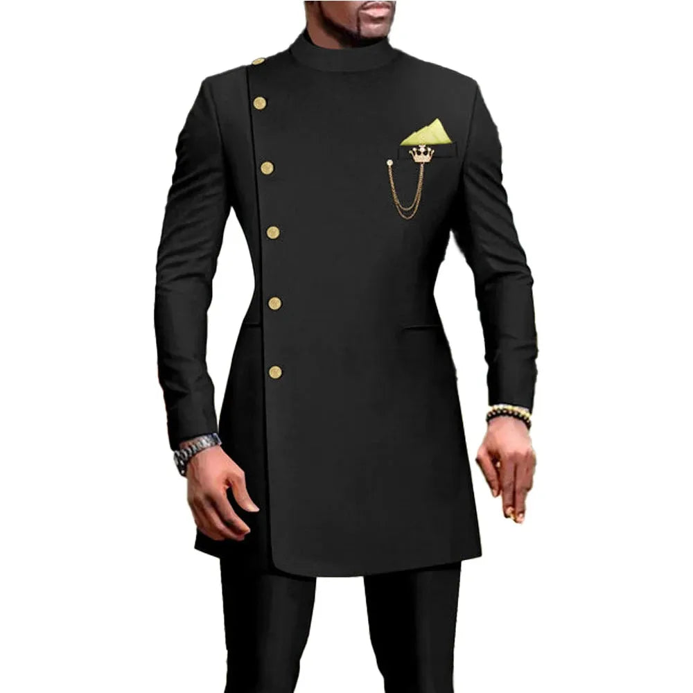Black Men's Suits Wedding Tuxedo 2 Piece Double Breasted Jacket Pants Formal Groom Blazer African Style Suit for Men black