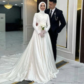 Ivory A Line Satin Muslim Bridal Dress Robes De Mariée Elegant Women Wedding Gowns Dubai Hijab Bride Dresses WHITE