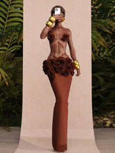 Women Celebrity Sexy Backless Halter Flower Brown Maxi Long Bandage Skirt Set 2025 Knitted Elegant Evening Club Party Clothing