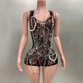 Celebrity Fashion Nightclub Party Birthday Wear Women Sexy Mesh See Through Bodycon Beading Playsuit Performance Costume
