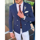 Stripe Peak Lapel Suits For Business Men 2 Piece Slim Fit Wedding Groom Tuxedo Double Breasted Fashion Blazer ( Jacket+Pants ) Same as Model
