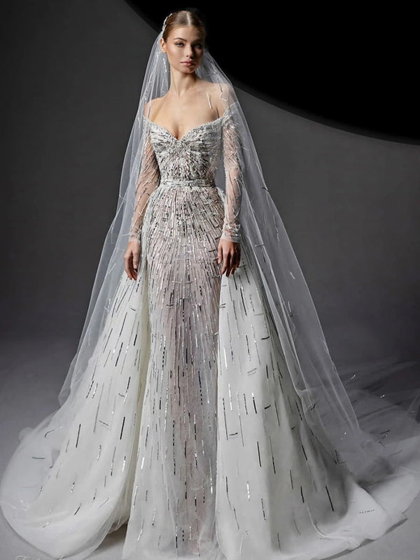 Illusion Beading Wedding Dresses Classic V-neck No Headscarf Dress For Bride Elegant Floor-length Bridal Gown Vestido De Novia