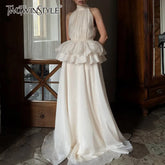 TWOTWINSTYLE Solid Spliced Ruffles Folds Elegant Dresses for Women High Neck Sleeveless Temperament Dress Female Clothing New