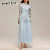 TWOTWINSTYLE Solid Two Piece Sets for Women Stand Collar Long Sleeve Spliced Applique Top High Wasit Patchwork Mesh Skirt Female