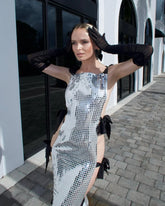 Celebrity Red Carpet Dress Women Sleeveless Sexy Shinning Sequined Bodycon Long Dress Side Bow Celebrate Evening Party Wear