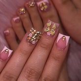 24Pcs Short Square Head French False Nails Rhinestone Flower Bow Design Fake Nails Press on Detachable Full Cover Nails Tips Art