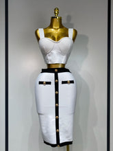 Women Button Patchwork White Black Bodycon Bandage Two Piece Set 2025 New Arrival Designer High Waist Party Club Skirt Set