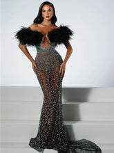 Women Celebrity Sexy Off Shoulder Feather Beading Sequins Maxi Long Gowns Dress Elegant Evening Party Club Dress Vestido