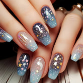 24Pcs Short Colorful Fake Nails French Ballet Star Moon Nail Art Stickers with Shiny Dreamy Wearable Full Cover Finger Press On