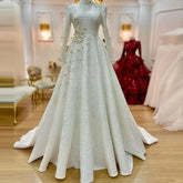 Lace Long Sleeve Muslim Wedding Dress for Bride A-Line Dubai Arabic Bridal Dresses Flowers Beaded Vestido De Novia WHITE