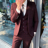 2023 New Men's checkered three piece suit double breasted slim fitting tuxedo suit jacket business wedding party jacket vest