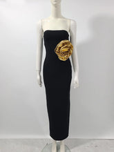 Black Color Women Sexy Strapless Big Gold Florals Bodycon Bandage Long Dress Fashion Elegant Evening Party Cocktail Dress