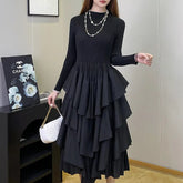 2024 Hot Selling Ladies Casual Pleated Stretch Loose Round Neck Long Sleeve Pleated Cake Dress