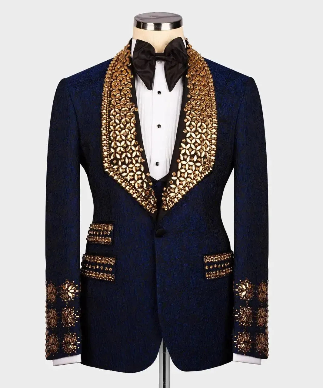 Navy Blue Men Suits Set 2 Piece Blazer Pants Luxury Crystals Groom Wedding Tuxedo Single Breasted Coat Custom Made Prom Blazer Navy Blue