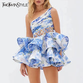 TWOTWINSTYLE Printing Hollow Out A Line Dress For Women Diagonal Collar Sleeveless High Waist Patchwork Lace Up Dresses Female