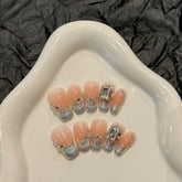 10Pcs Shimmery Ballet Handmade False Nails Cat Eye Blusher Gel Nails with Glue Shiny Diamond Stick on Acrylic Nail Manicure Tips