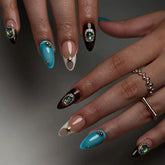 24Pcs Retro Press on Fake Nails Almond Oval Gold Star Nails Patch with Studded Diamond designs Detachable Cool Manicure Art Set