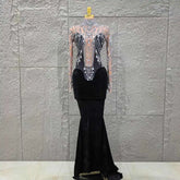 Women Long Sleeve Sexy Shinning Crystal Velvet Bodycon Floor-length Dress Celebrate Evening Party Birthday Cocktail Dress