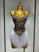 Sexy Backless Sparkly Rhinestones Tassel Leopard Print Bodysuit Performance Dance Costume Singer Dancer Stage Wear Club Outfit