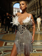 Women Summer Sexy Strapless Backless Mirror Feather Diamonds Sparkly Mini Bodycon Dress 2024 Elegant Evening Party Dress Vestido