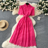 French Vintage O-neck sashes Hook flower hollow Short Sleeves Single Breasted Dress A-line Casual Women Fashion women clothing