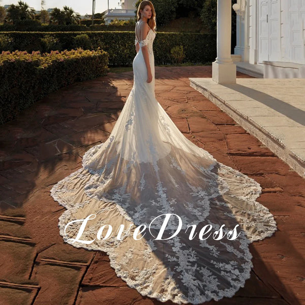 LoveDress Off Shoulder V-Neck Wedding Dress Backless Lace Appliques Sexy Mermaid Bride Gown Button Chapel Train vestido de novia
