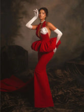 2025 New Red Color Women Sexy Halter Backless Bodycon Long Bandage Dress Gloves Celebrate Performance Costume Stage Wear