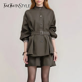 TWOTWINSTYLE Solid Loose Spliced Single Breasted Fashion Jackets for Women Round Neck Long Sleeves Temperament Jacket Female New