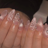 24Pcs Mid-length Almond Press on Nails Tips Nude Cat's Eye Wearable Fake Nails Butterfly Rhinestone Pearl Full Cover False Nails