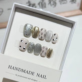 10Pcs Short Square Sweet Handmade False Nails Cute Cartoon Nail Design Shimmery Cat Eye Press on Gel Nail Manicure Tips for Girl