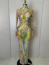 Sparkle Rhinestone High Neck Colorful Printed Long Dress 2025Women Sexy Evening Birthday Celebrate Stage Performance Costume