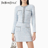 TWOTWINSTYLE Two Piece Sets for Women Round Neck Long Sleeves Spliced Diamonds Top High Waist Patchwork Pockets Skirt Female New