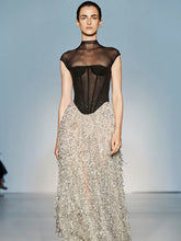 Women Celebrity Sexy Short Sleeve Mesh Sequins Silver Maxi Long Bodycon Skirt Set 2025 Elegant Evening Club Party Outfits