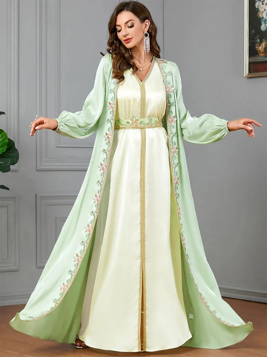 Satin 2 Piece Abaya Set Jilbabs For Woman Dubai Solid Tape Trim Lantern Sleeve V-Neck Elegant Sashes Muslim Long Dress Green Dress