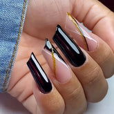 24Pcs Mid-length Lipstick Type Fake Nails Black Gold Stripes Press on Nail Long French Manicure Wearable Acrylic Nails Tips Art