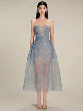 Lace Luxury Sequin Perspective Strapless Dress Summer Women Vintage Slash Neck Evening Party Long Dress Mesh Vestidos G211 Blue