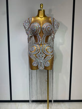 Sparkly Rhinestones Tassel Sexy Mesh Transparent Short Dress Women Evening Party Luxury Birthday Nightclub Singer Stage Costume